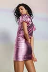 Buy_July Issue_Pink Foil Metallic Plain Plunge Neck Opal Shirt And Skirt Set  _Online_at_Aza_Fashions