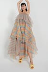 Buy_July Issue_Multi Color Organza Checkered, Striped Straight Across Cai Layered Dress_at_Aza_Fashions