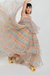 July Issue_Multi Color Organza Checkered, Striped Straight Across Cai Layered Dress_Online_at_Aza_Fashions