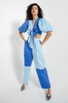 Buy July Issue Blue Giza Cotton Panelled V Neck Tessa Crop Top And Pant Set at Aza Fashions Buy_July Issue_Blue Giza Cotton Panelled V Neck Tessa Crop Top And Pant Set _at_Aza_Fashions