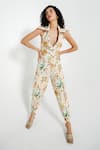 Buy_July Issue_Beige Cotton Jacquard Printed Floral Halter Paula Crop Top And Pant Set  _at_Aza_Fashions