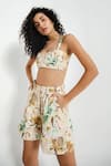 July Issue_Beige Cotton Jacquard Printed Floral Paula Crop Top And Shorts Set  _Online_at_Aza_Fashions