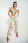 Buy_July Issue_Beige Linen Printed Floral Sweetheart Neck Paula Crop Top And Pant Set  _at_Aza_Fashions