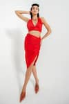 July Issue_Red Cotton Plain Solid Halter Neck Adria Crop Top And Skirt Set  _Online_at_Aza_Fashions