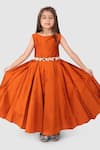 Buy_Jelly Jones_Orange Woven Silk Embellished Floral Belt Box Pleated Gown _at_Aza_Fashions