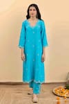Buy_Pita Nila_Blue Chanderi, Silk Organza Embroidery, Beads V-neck Isla Kurta Set 