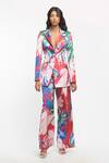 Mandira Wirk Resort_Beige Satin Abstract Collared Neck Printed Blazer And Pant Set _Online_at_Aza_Fashions
