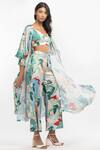 Mandira Wirk Resort_Green Satin Tropical Print V Neck Kimono Jacket And Pant Set _Online_at_Aza_Fashions