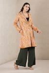 Ritu Kumar_Yellow Polyester Suede Printed Lapel Collar Long Jacket _Online_at_Aza_Fashions