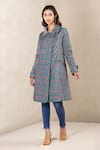 Buy_Ritu Kumar_Blue Poly Velvet Printed Collared Neck Long Jacket _at_Aza_Fashions