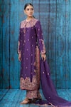 Label Niti Bothra_Purple Silk Floral, Paisley Notched Embroidered Kurta Palazzo Set _Online_at_Aza_Fashions