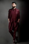 Buy_Jatin Malik_Maroon Slub Silk Embroidered Jacket And Kurta Set _at_Aza_Fashions