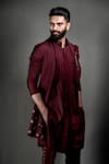 Shop_Jatin Malik_Maroon Slub Silk Embroidered Jacket And Kurta Set _at_Aza_Fashions