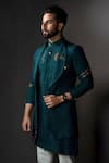 Shop_Jatin Malik_Green Slub Silk Embroidered Jacket And Kurta Set _at_Aza_Fashions