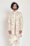 Shop_Jatin Malik_White Slub Silk Hand-painted Jacket And Kurta Set _Online_at_Aza_Fashions