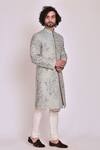 Jatin Malik_Blue Slub Silk Embroidered Sherwani Set _Online_at_Aza_Fashions