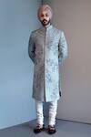Buy Jatin Malik Blue Slub Silk Embroidered Sherwani Set Online at Aza Fashions Buy_Jatin Malik_Blue Slub Silk Embroidered Sherwani Set _Online_at_Aza_Fashions