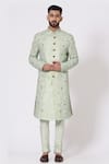 Buy_Jatin Malik_Green Linen Silk Embroidered Sherwani Set _Online_at_Aza_Fashions