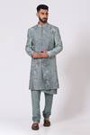 Jatin Malik_Blue Slub Silk Embroidered Sherwani Set _Online_at_Aza_Fashions