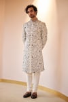 Jatin Malik_Grey Linen Silk, Lining Satin Floral Print Sherwani Set _Online_at_Aza_Fashions