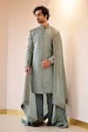 Buy_Jatin Malik_Grey Linen Silk, Lining Satin Floral Print Jamawar Sherwani And Kurta Set _at_Aza_Fashions