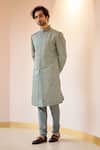 Shop_Jatin Malik_Grey Linen Silk, Lining Satin Floral Print Jamawar Sherwani And Kurta Set _at_Aza_Fashions