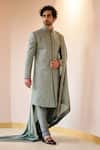 Jatin Malik_Grey Linen Silk, Lining Satin Floral Print Jamawar Sherwani And Kurta Set _Online_at_Aza_Fashions