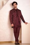 Buy_Jatin Malik_Maroon Satin Jamawar Short Jacket And Kurta Set_at_Aza_Fashions