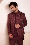 Shop_Jatin Malik_Maroon Linen Silk Embroidered Floral Motifs Jamawar Short Jacket And Kurta Set _at_Aza_Fashions