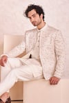 Jatin Malik_White Linen Silk, Lining Satin Floral Motifs Embroidered Jacket And Kurta Set _Online_at_Aza_Fashions