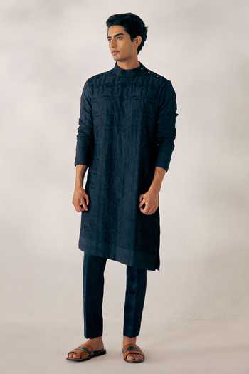 Buy_Jatin Malik_Blue Slub Silk Textured Embroidered Kurta Set _at_Aza_Fashions