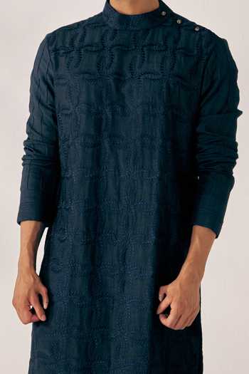 Jatin Malik_Blue Slub Silk Textured Embroidered Kurta Set _Online_at_Aza_Fashions