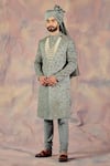 Jatin Malik_Grey Linen Silk Embroidered Floral Sherwani Set _Online_at_Aza_Fashions