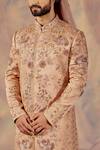Jatin Malik_Peach Linen Silk Floral Print Embroidered Sherwani Set _Online_at_Aza_Fashions
