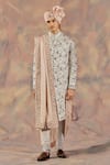 Jatin Malik_Silver Linen Silk Floral Print Embroidered Sherwani Set _Online_at_Aza_Fashions