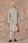 Buy_Jatin Malik_Silver Linen Silk Floral Print Embroidered Sherwani Set _at_Aza_Fashions