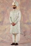 Buy_Jatin Malik_Blue Linen Silk Floral Print Embroidered Sherwani Set _at_Aza_Fashions