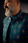 Jatin Malik_Green Linen Silk Floral Print Embroidered Sherwani Set _Online_at_Aza_Fashions