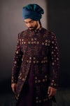 Shop_Jatin Malik_Wine Linen Silk Floral Print Embroidered Sherwani Set _at_Aza_Fashions