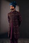 Buy_Jatin Malik_Wine Linen Silk Floral Print Embroidered Sherwani Set _at_Aza_Fashions
