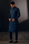 Buy_Jatin Malik_Blue Linen Silk Floral Print Jamawar Sherwani Set _at_Aza_Fashions