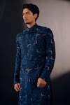 Shop_Jatin Malik_Blue Linen Silk Floral Print Jamawar Sherwani Set _at_Aza_Fashions