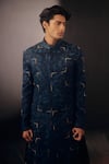 Buy_Jatin Malik_Blue Linen Silk Floral Print Jamawar Sherwani Set _Online_at_Aza_Fashions