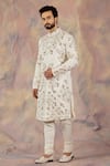 Jatin Malik_White Linen Silk Floral Print Embroidered Sherwani Set _Online_at_Aza_Fashions