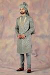 Buy_Jatin Malik_Grey Linen Silk Floral Print Embroidered Sherwani Set _Online_at_Aza_Fashions