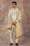 Buy_Jatin Malik_Ivory Linen Silk Floral Print Embroidered Sherwani Set _at_Aza_Fashions