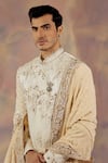 Jatin Malik_Ivory Linen Silk Floral Print Embroidered Sherwani Set _Online_at_Aza_Fashions