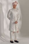 Jatin Malik_Ivory Linen Silk Floral Print Embroidered Sherwani Set _Online_at_Aza_Fashions