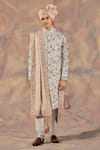 Buy_Jatin Malik_Silver Linen Silk Floral Print Embroidered Sherwani Set _at_Aza_Fashions