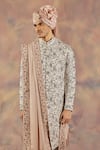 Jatin Malik_Silver Linen Silk Floral Print Embroidered Sherwani Set _Online_at_Aza_Fashions